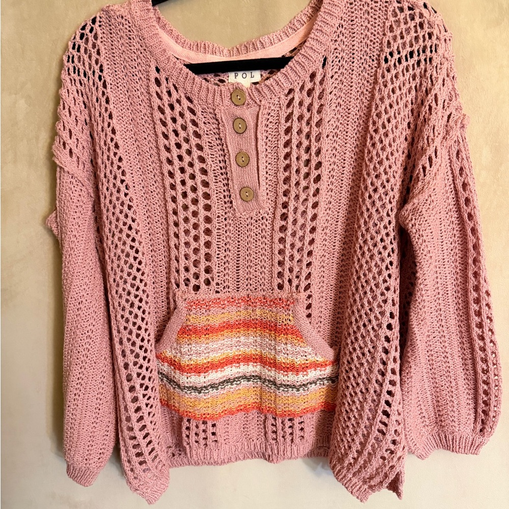 POL Pink Open-Weave Henley Sweater with Striped Pocket